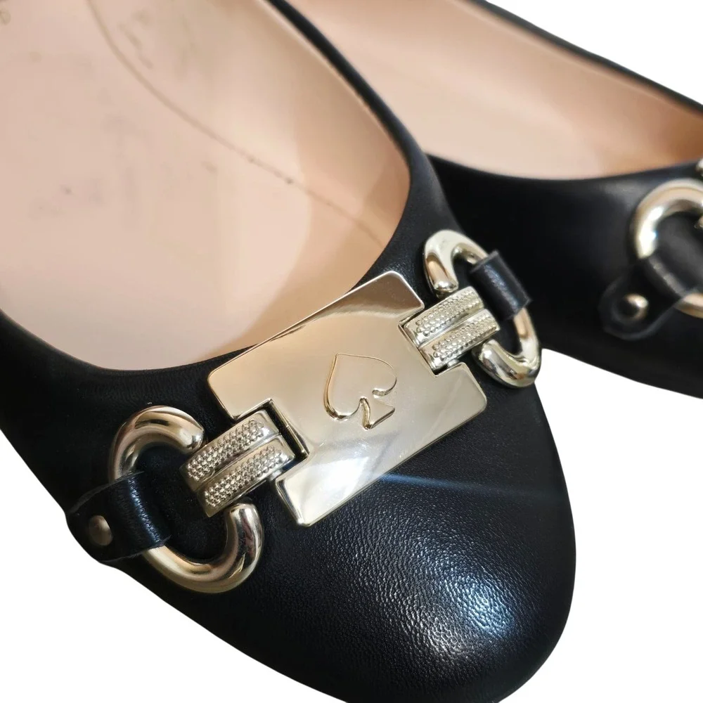 Kate Spade Payton Black Leather Flats Gold Hardware Spade Logo Size 6.5B A23/138